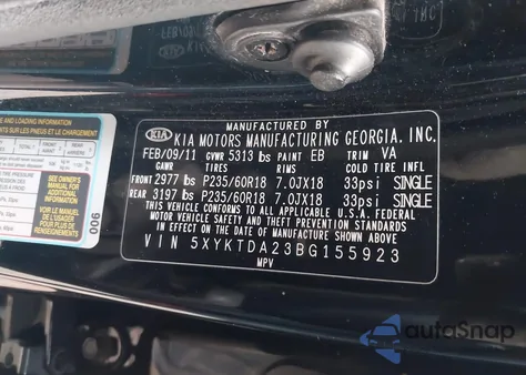 2011 Kia Sorento Lx V6 из США, поврежденный, VIN 5XYKTDA23BG155923